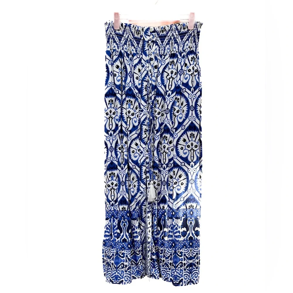 Haute Hippie Blue White Boho Maxi Skirt with Front Slit and Buttons Ties Tassels